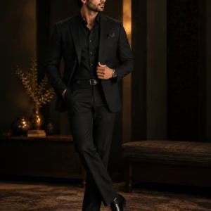 Full-length male model wearing a tailored black suit, black shirt, and polished dress shoes, posed in an elegant dark luxury interior with warm ambient lighting, arched walls, a patterned rug, and premium furnishings.
