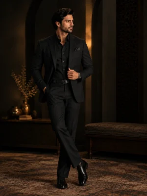 Full-length male model wearing a tailored black suit, black shirt, and polished dress shoes, posed in an elegant dark luxury interior with warm ambient lighting, arched walls, a patterned rug, and premium furnishings.