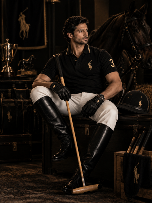Close-up portrait of a man wearing a premium black polo shirt with subtle gold details, holding a polo mallet, with a horse and luxury equestrian setting in the dark background.