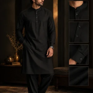 Premium black men’s kurta product photography in a dark luxury Pakistani interior with fabric detail close-ups.