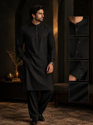 Premium black men’s kurta product photography in a dark luxury Pakistani interior with fabric detail close-ups.
