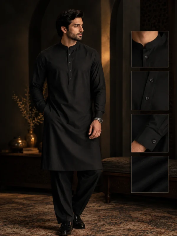 Premium black men’s kurta product photography in a dark luxury Pakistani interior with fabric detail close-ups.