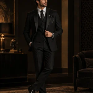 Full-length groom wearing a tailored black three-piece tuxedo with satin lapels, white shirt, black tie, pocket square, and polished dress shoes, posed in a luxurious dark interior with warm ambient lighting and elegant furnishings.