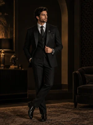 Full-length groom wearing a tailored black three-piece tuxedo with satin lapels, white shirt, black tie, pocket square, and polished dress shoes, posed in a luxurious dark interior with warm ambient lighting and elegant furnishings.